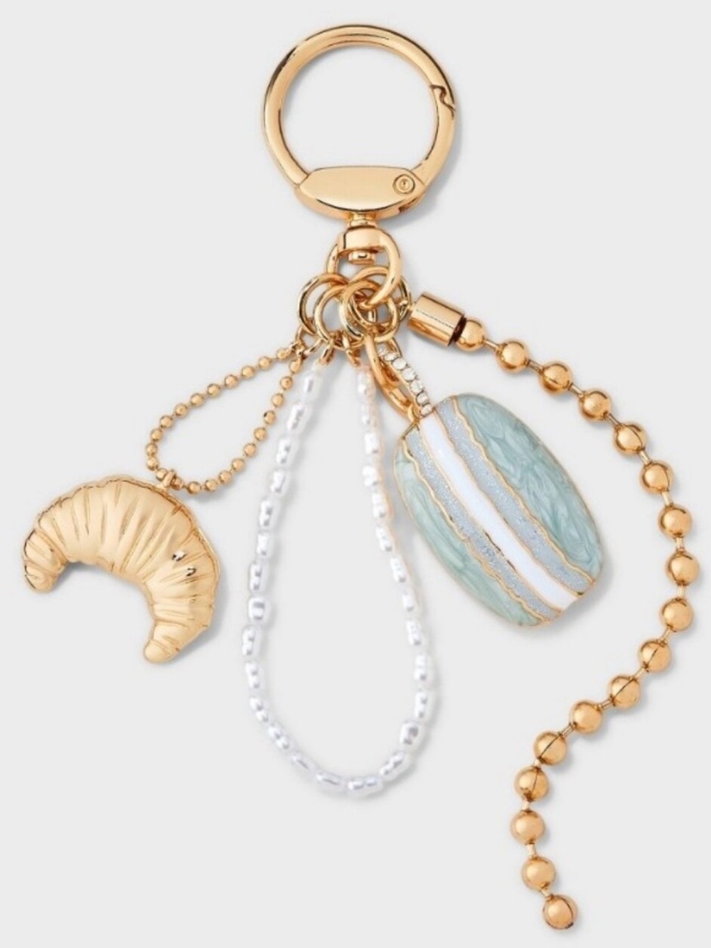 Gold Croissant & Pearl Beaded Keychain / Bag Charm with Mint Cabochon